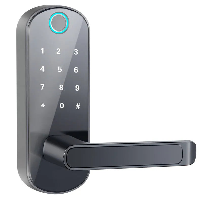 Smart biometric fingerprint door lock in black or silver finish with optional WiFi gateway connectivity