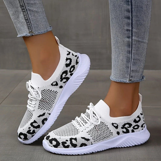 Women's leopard print lace-up sneakers with medium heel and breathable net cloth upper