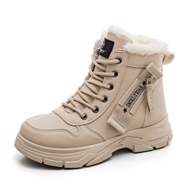 Plus size women's fleece-lined snow boot with tall crown, mid-heel, and front lace-up fastening.