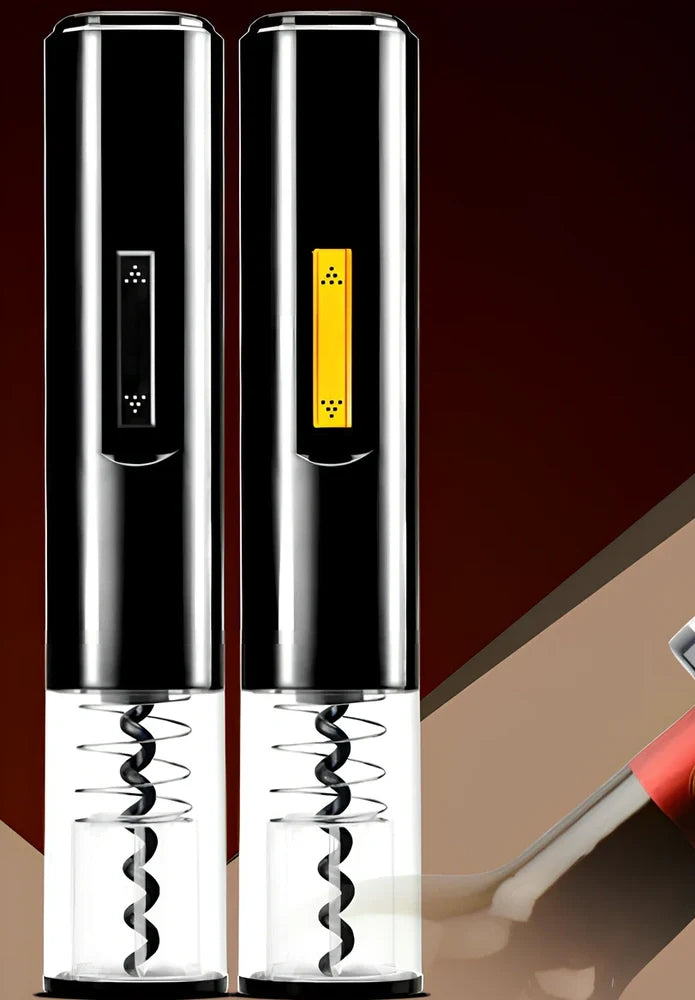 Black electric wine bottle opener with automatic cork removal and integrated foil cutter