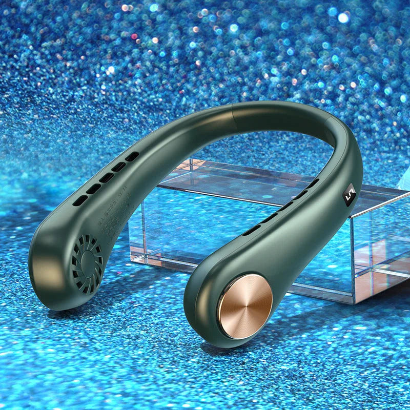 Stylish portable neck fan with bladeless design, adjustable speeds, and rechargeable battery for hands-free cooling