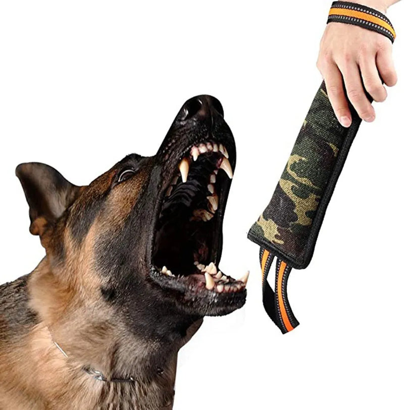 Reflective dog training jute bite stick with yellow edge trim, durable tug toy for obedience training and fetch games measuring approximately 55cm in total length, regular style design
