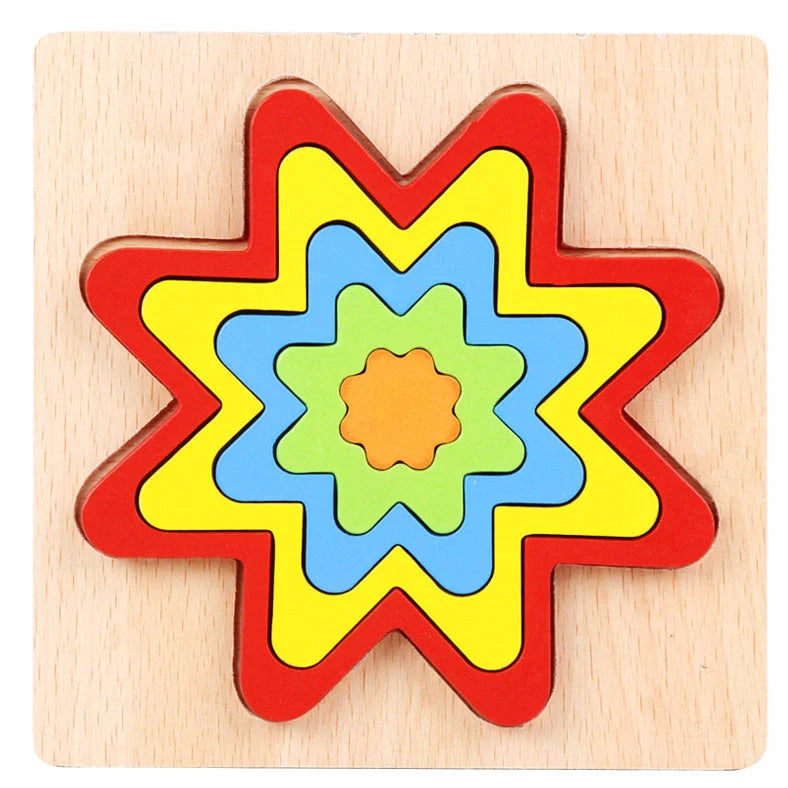 Wooden geometric puzzle with 10 shape graphics in red, yellow, blue, green, and orange colours