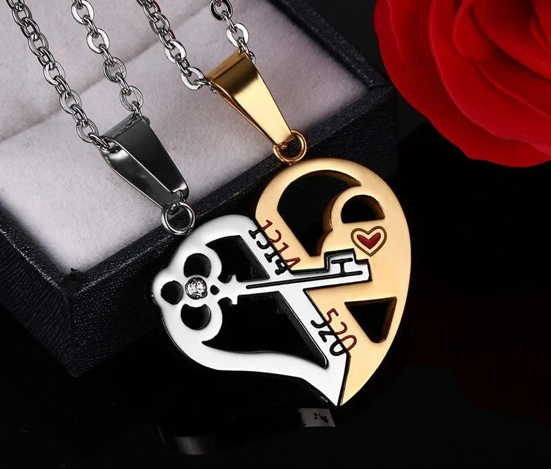 Elegant stainless steel love pendant necklace set for couples, perfect Valentine's gift.