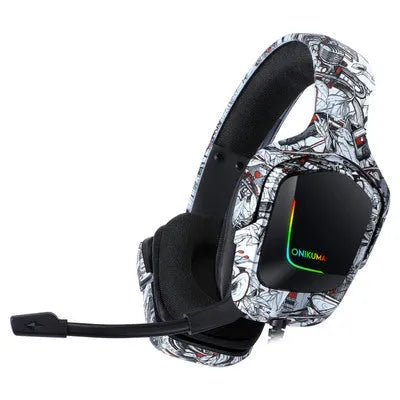 K20 RGB luminous wired gaming headset with cloth earmuffs and braided cable in black, grey, or white.
