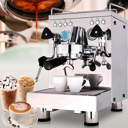 Full semi-automatic espresso machine in silver, 280mm wide with steam wand and UK plug for home brewing