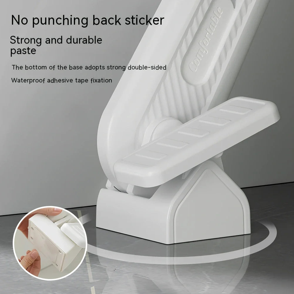 White plastic pedal toilet lid lifter with foot operation mechanism for hands-free use