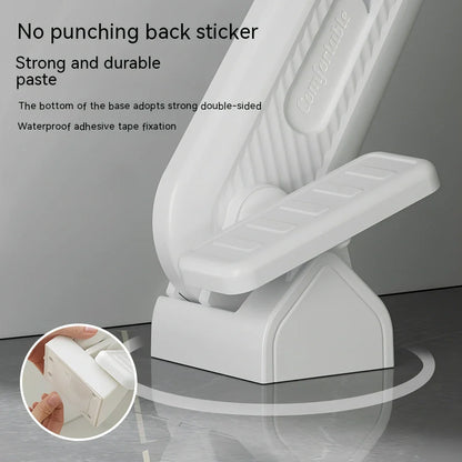 White plastic pedal toilet lid lifter with foot operation mechanism for hands-free use