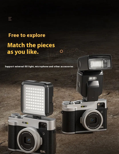 5K HD digital camera in black or brown with dual lenses, optical viewfinder, and 2.88-inch display on front