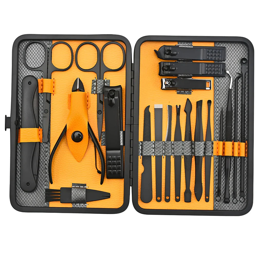 Beauty manicure nail care kit with stainless steel tools in red PU leather case weighing 397g