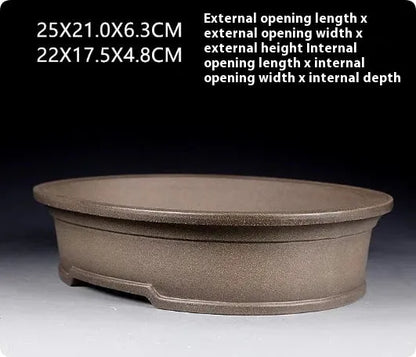 Handmade antique oval succulent bonsai pot in purple sand clay, 25cm long by 21cm wide by 6.3cm high