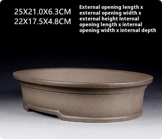 Handmade antique oval succulent bonsai pot in purple sand clay, 25cm long by 21cm wide by 6.3cm high