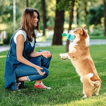 Blue interactive dog toy with tumbler design and treat dispensing holes, measuring 8.8cm for medium to large dogs