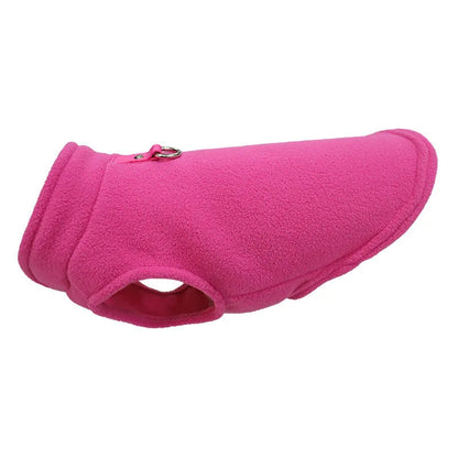 Polar fleece dog waistcoat in solid colour on small dog showing side-open design