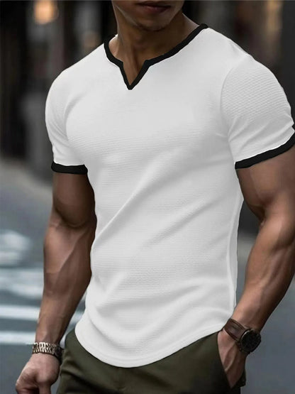 Men's colour-block V-neck waffle texture t-shirt in polyester for sports