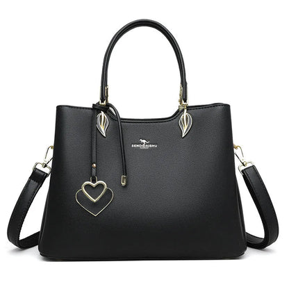 Women's black PU leather messenger bag with multi-layer shoulder strap and sewing thread detailing.