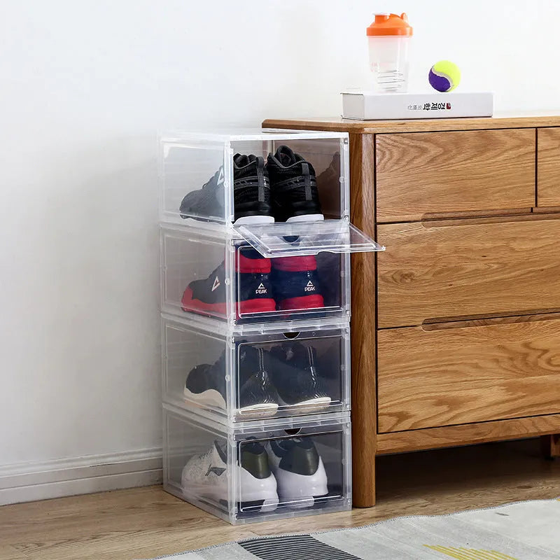 Foldable PP sneaker storage box with cover, internal size 32.5x23x17.5cm, black or transparent, stackable shoe organiser