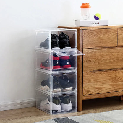 Foldable PP sneaker storage box with cover, internal size 32.5x23x17.5cm, black or transparent, stackable shoe organiser