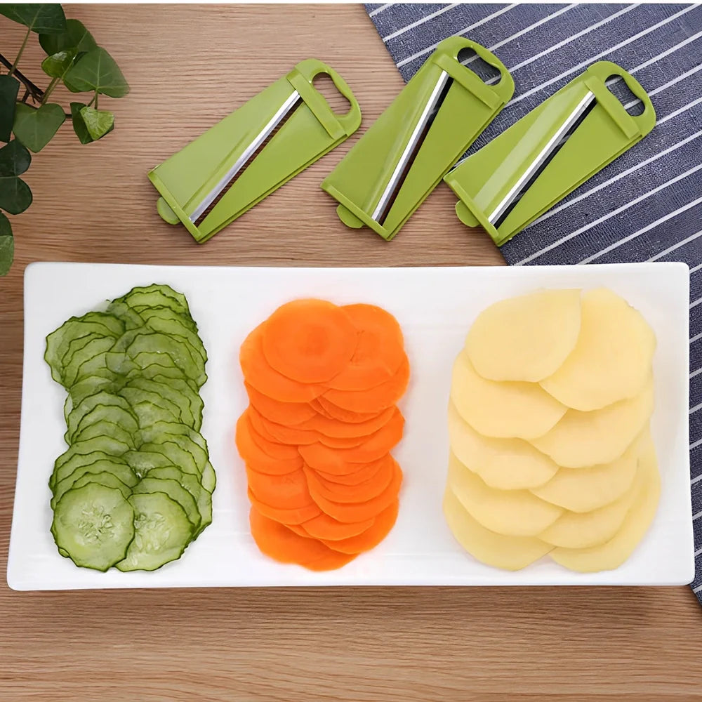 Brown multi-function vegetable chopper with stainless steel blades and safety protector, 28 cm long for slicing onions