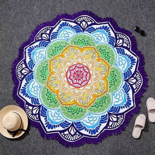 Round printed polyester towel mat for beach, yoga, and home decor with vibrant 3D patterns