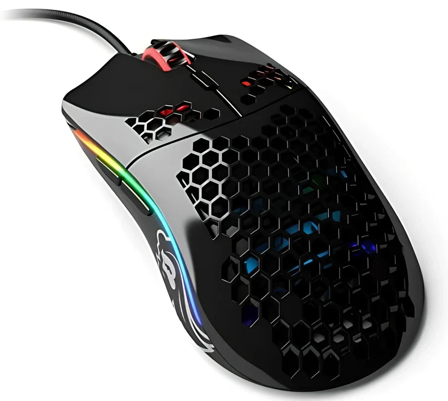 Black matte gaming mouse with hole design showing RGB lighting and ergonomic shape for right-handed use