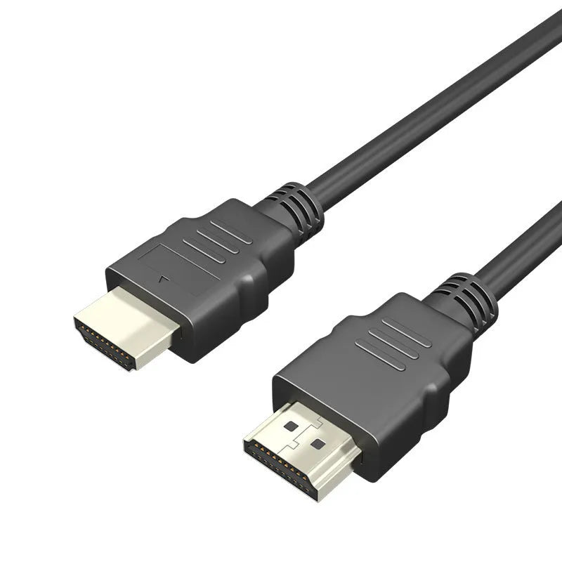 Black HDMI cable with nickel-plated Type A connectors on a white background.