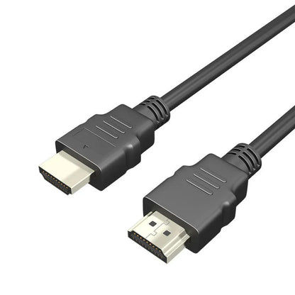 Black HDMI cable with nickel-plated Type A connectors on a white background.