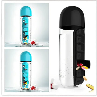 Two-in-one water cup with attached 7-day pill organiser showing daily compartments and screw-top lid