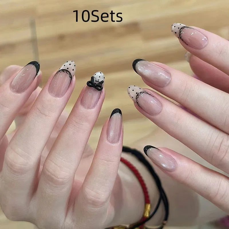 Sweet Girl style medium coffin false nails with random colour patterns, press on artificial nail sets