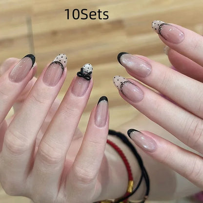 Sweet Girl style medium coffin false nails with random colour patterns, press on artificial nail sets