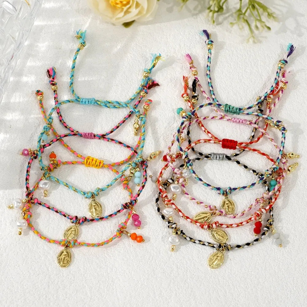 Close-up of a colourful hand-woven braided rope bracelet for women, showing ethnic strap design.