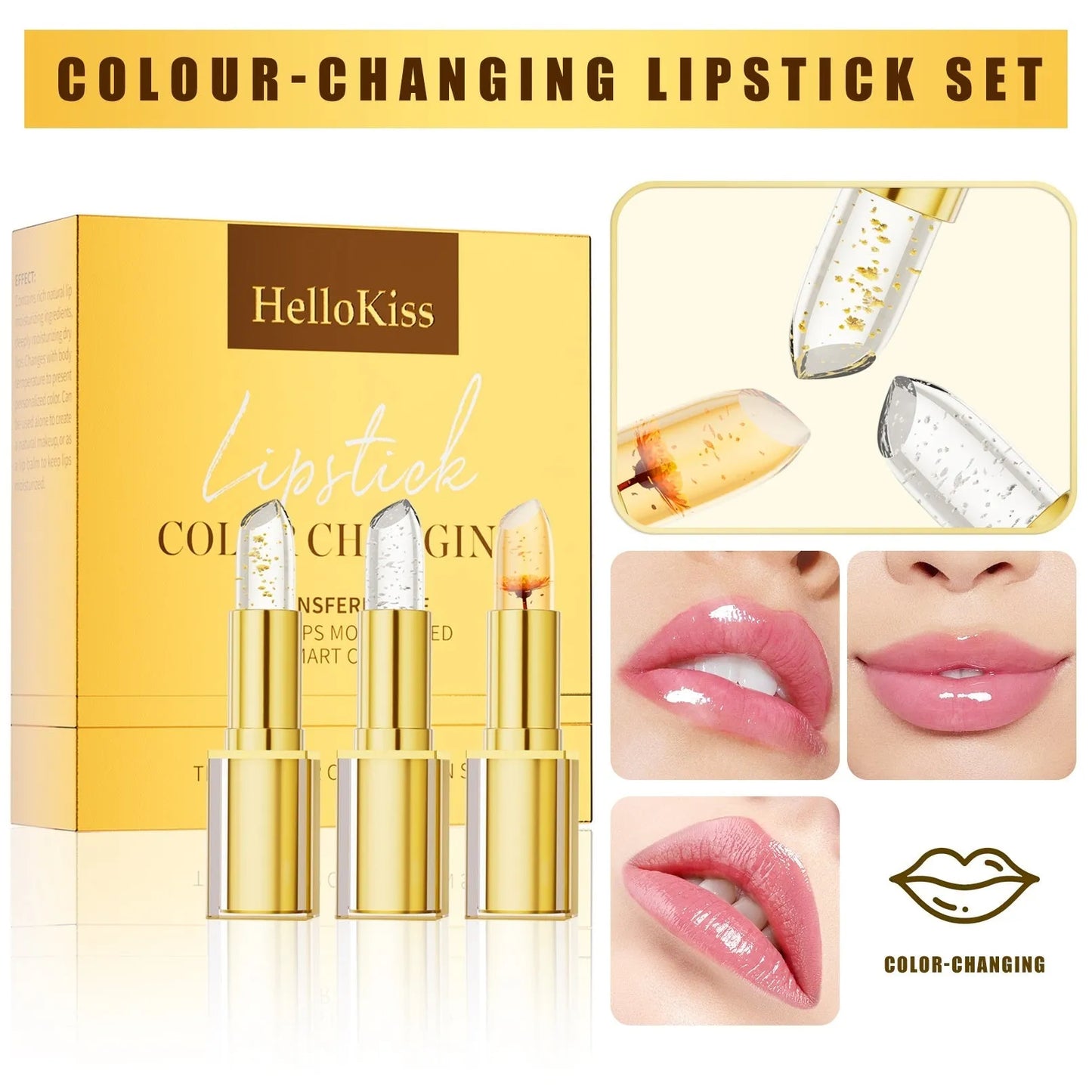 Gilding lipstick with warm colour-changing effect in standard 3.5g anti-smudge formulation