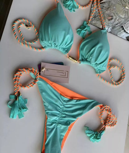 Braided Bikini Triangle Bag Swimsuit in quick-dry nylon fabric