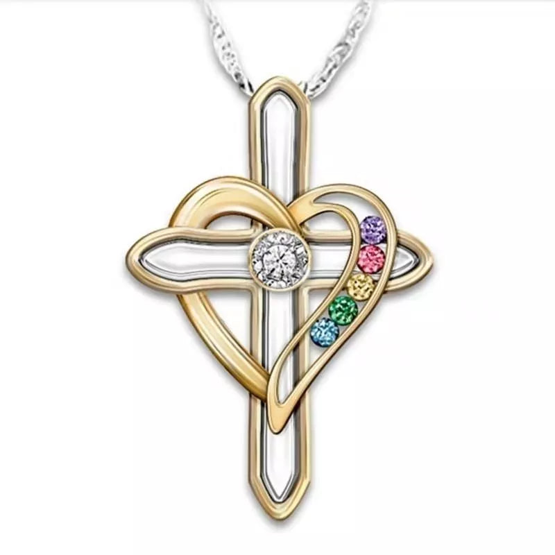 Men's Cross Love colorful imitation gemstone pendant alloy clavicle chain with adjustable length