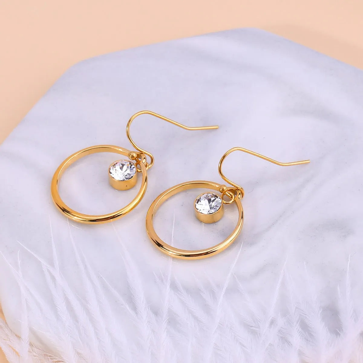 Titanium steel circle earrings with zirconia inlays, gold tone, unisex U-shape geometric and zodiac styles