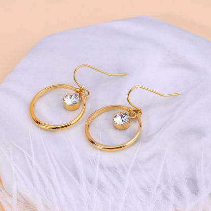 Titanium steel circle earrings with zirconia inlays, gold tone, unisex U-shape geometric and zodiac styles