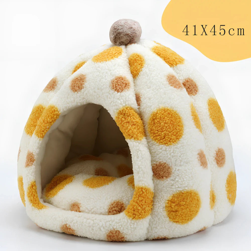 Yellow teddy velvet cat nest with 41cm diameter and raised sides for secure sleeping