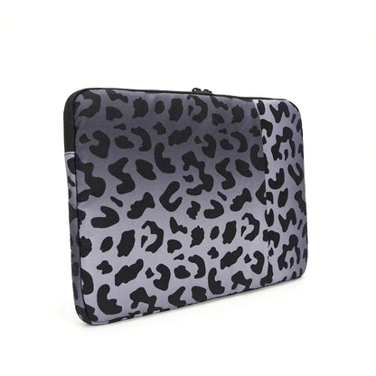 Leopard print waterproof laptop sleeve for 13-inch to 16-inch devices with anti-shock flannel protection.