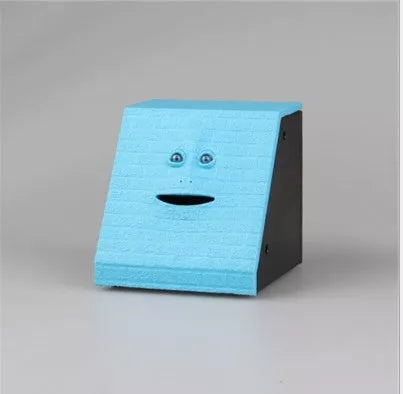 Face Intelligent Induction Electric Piggy Bank with realistic money-eating action in brick blue, pink, or red