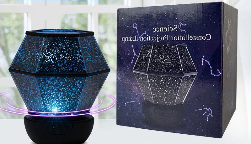 Children's rotating star night light projecting coloured starlight patterns on a bedroom wall.