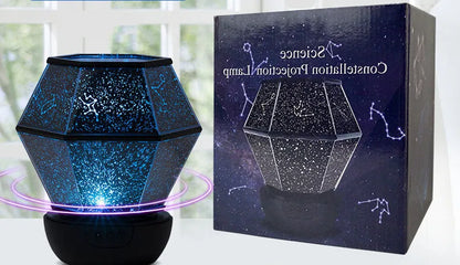 Children's rotating star night light projecting coloured starlight patterns on a bedroom wall.