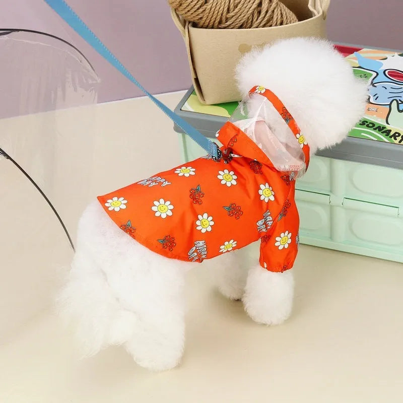 Transparent dog raincoat with two-foot design and pull ring in small flower pattern