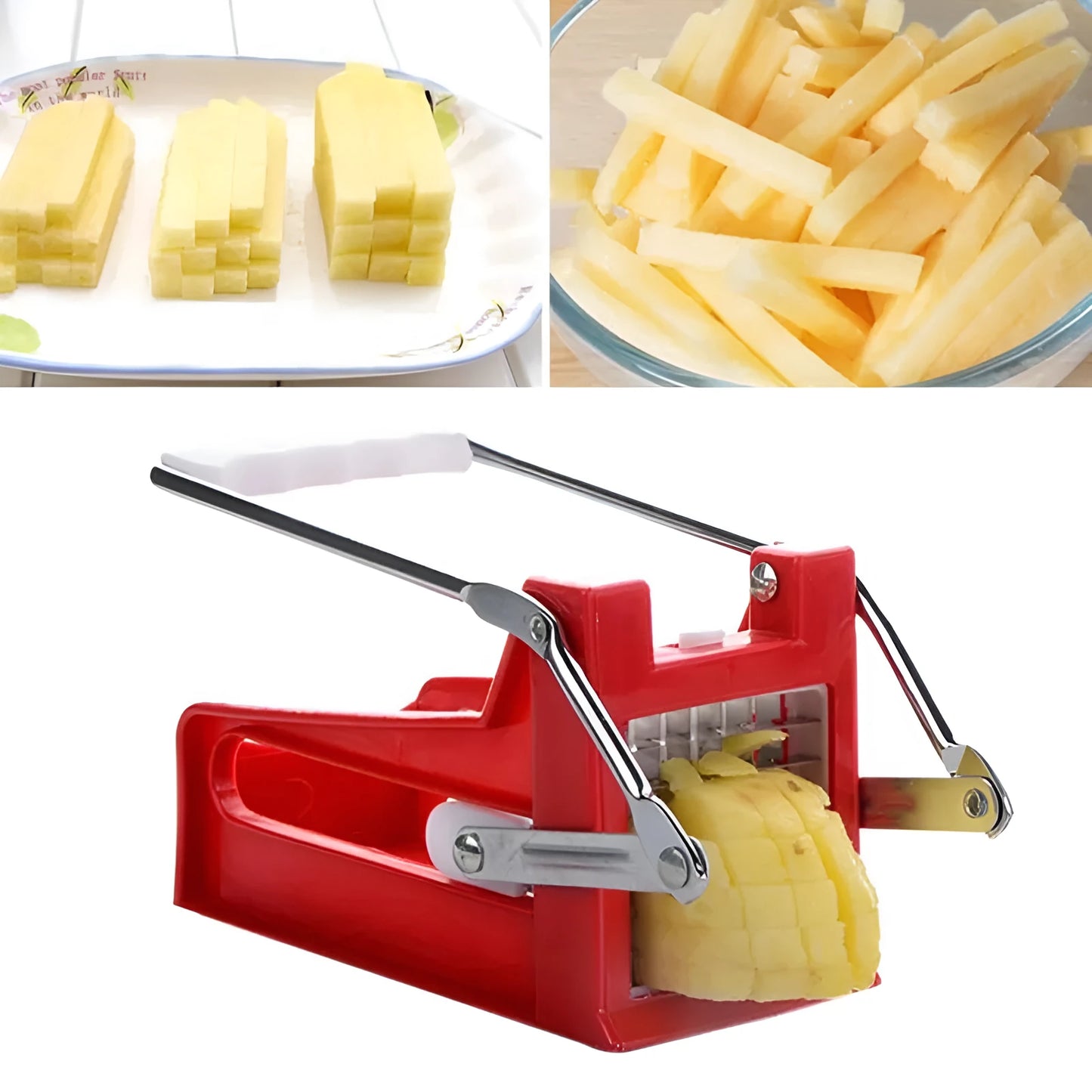 Potato cutter chopper with two stainless steel blades and non-slip rubber foot