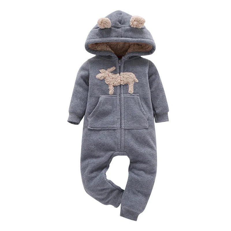 Hooded fleece baby romper in rose red, grey, green, and pink colors with zipper closure