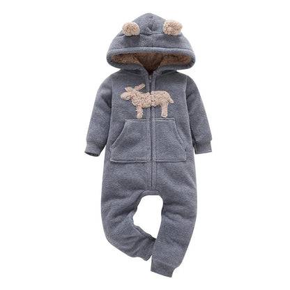 Hooded fleece baby romper in rose red, grey, green, and pink colors with zipper closure