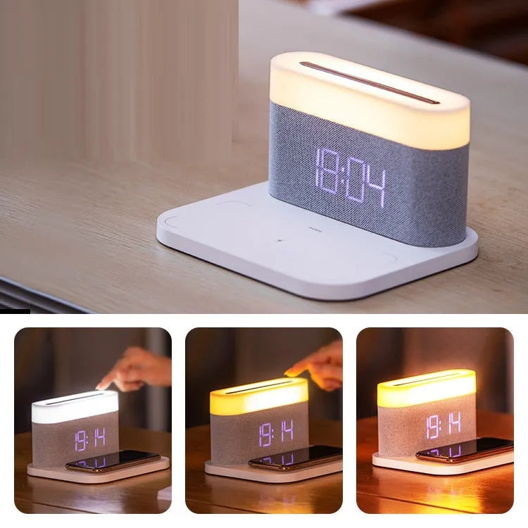 Four-in-one table lamp with clock and wireless phone charger, 12V Micro USB, White or Black