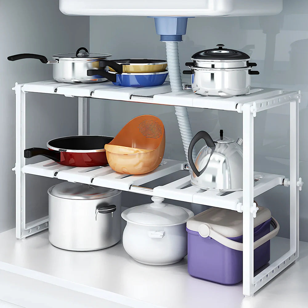 White retractable kitchen shelf with two tiers and adjustable length from 36cm to 70cm