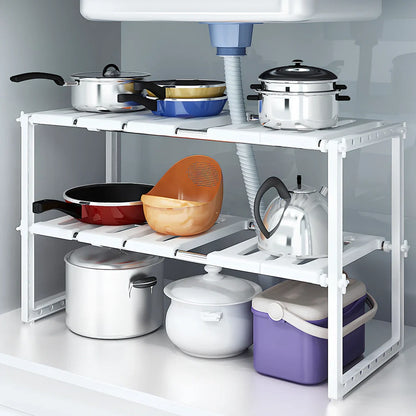 White retractable kitchen shelf with two tiers and adjustable length from 36cm to 70cm