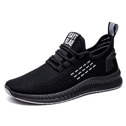 Men's black casual sports shoes with cross-strap detail on a Flying Weave upper and a flat, wear-resistant sole.