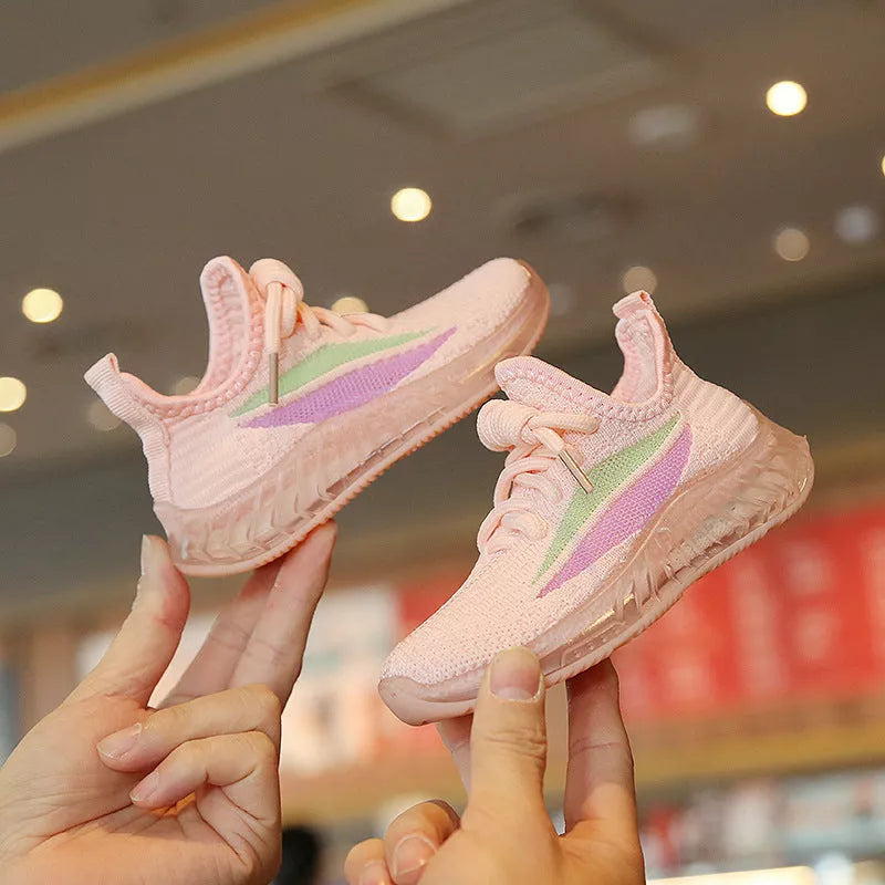 Children's breathable woven sports shoes in white, black, and pink colors